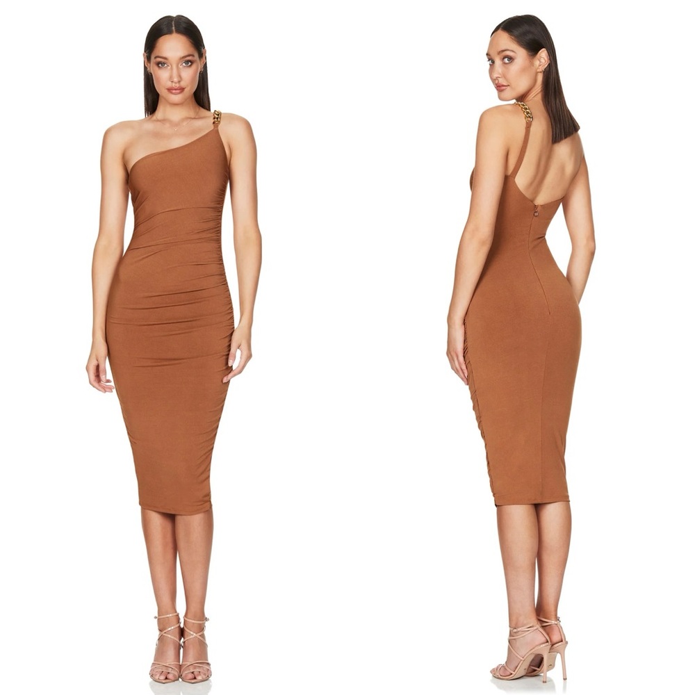 Nookie Alyssa Chain Midi Dress Tan XL One Shoulder Wedding Guest Night Out Event
